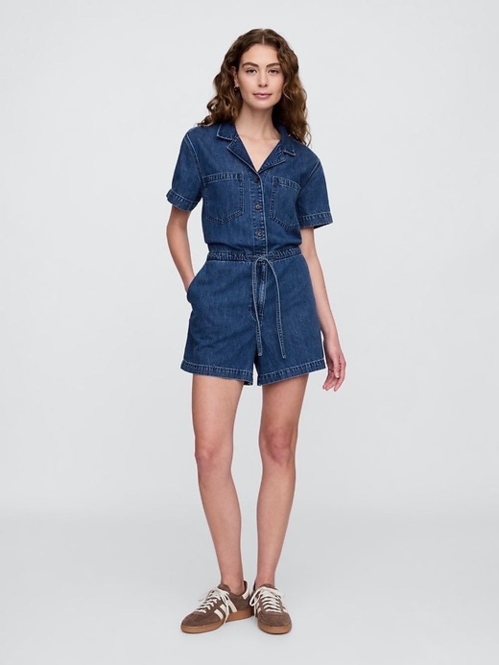 GAP Short-Sleeve Denim Romper in Indigo Blue